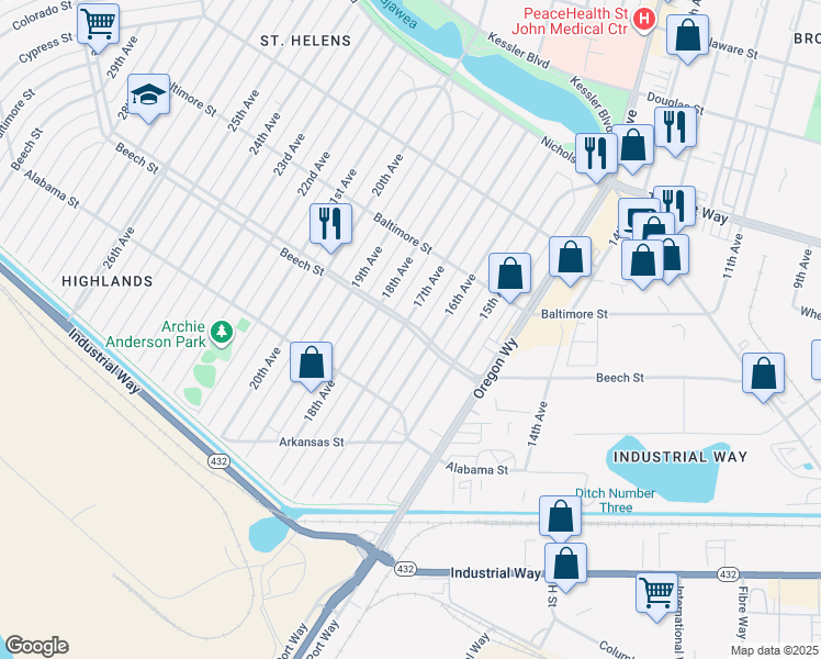 map of restaurants, bars, coffee shops, grocery stores, and more near 1617 Beech Street in Longview