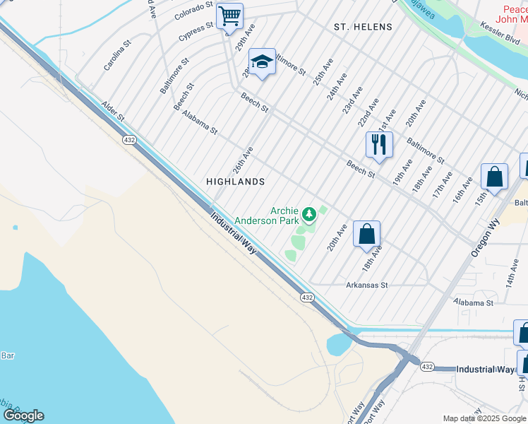 map of restaurants, bars, coffee shops, grocery stores, and more near 246 24th Avenue in Longview