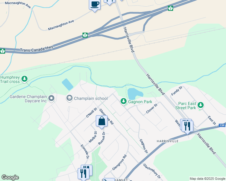 map of restaurants, bars, coffee shops, grocery stores, and more near 55 O'Neill Street in Moncton