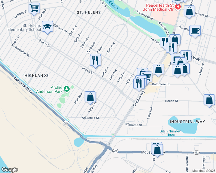 map of restaurants, bars, coffee shops, grocery stores, and more near 341 17th Avenue in Longview