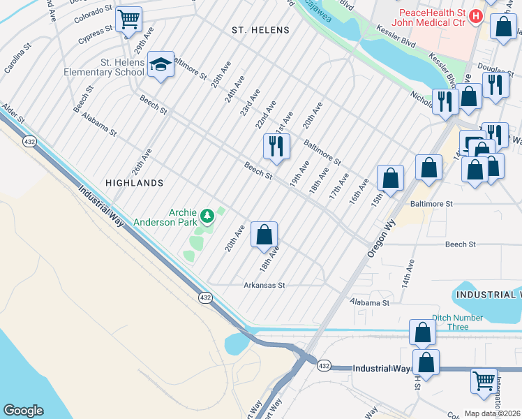 map of restaurants, bars, coffee shops, grocery stores, and more near 1911 Alabama Street in Longview