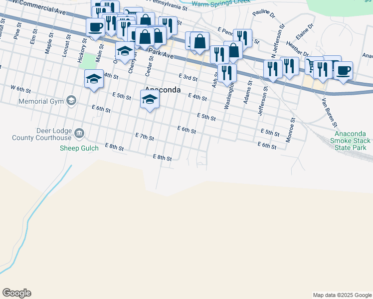 map of restaurants, bars, coffee shops, grocery stores, and more near 720-744 East 8th Street in Anaconda