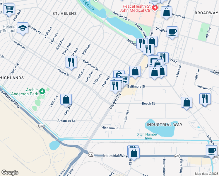 map of restaurants, bars, coffee shops, grocery stores, and more near 447 15th Avenue in Longview
