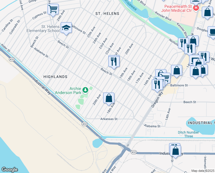 map of restaurants, bars, coffee shops, grocery stores, and more near 349 20th Avenue in Longview