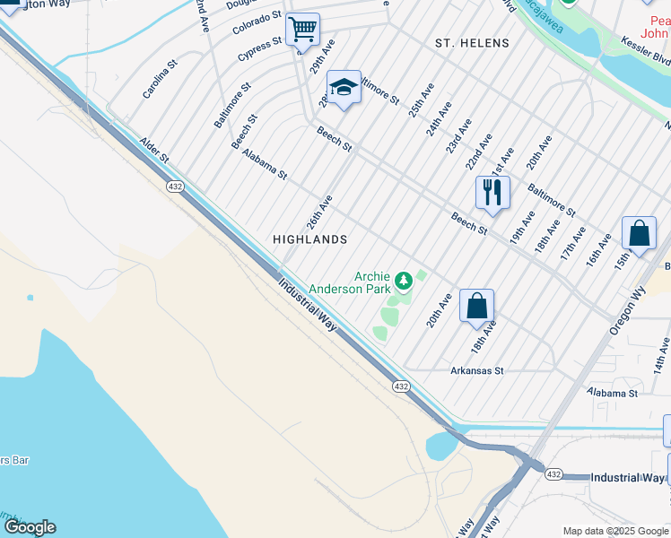 map of restaurants, bars, coffee shops, grocery stores, and more near 271 24th Avenue in Longview