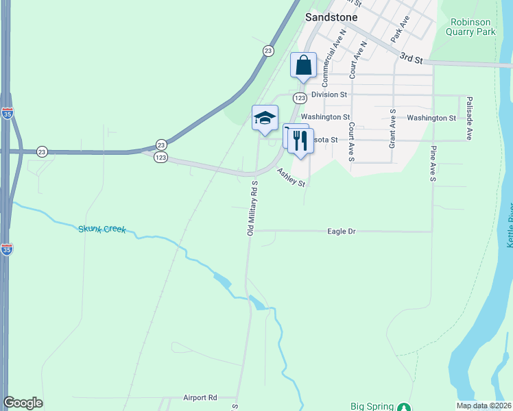 map of restaurants, bars, coffee shops, grocery stores, and more near 510 Old Military Road South in Sandstone