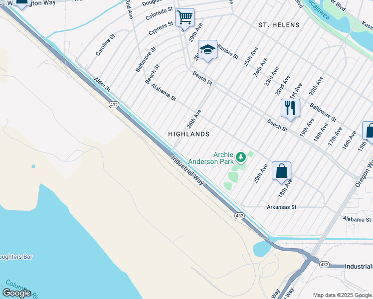map of restaurants, bars, coffee shops, grocery stores, and more near 233 25th Avenue in Longview