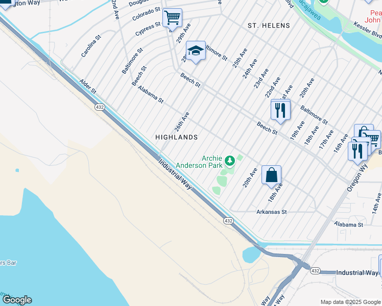 map of restaurants, bars, coffee shops, grocery stores, and more near 271 24th Avenue in Longview