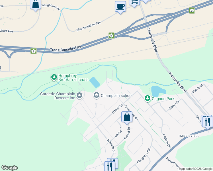 map of restaurants, bars, coffee shops, grocery stores, and more near Durelle Street in Moncton