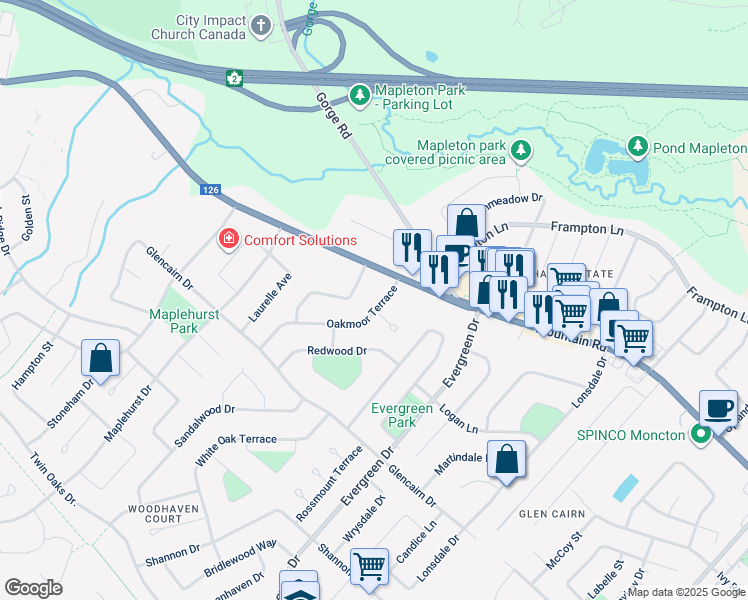 map of restaurants, bars, coffee shops, grocery stores, and more near 27 Oakmoor Terrace in Moncton