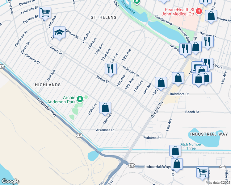 map of restaurants, bars, coffee shops, grocery stores, and more near 356 19th Avenue in Longview
