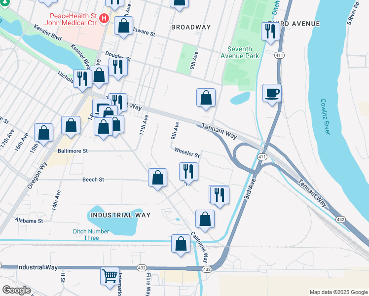 map of restaurants, bars, coffee shops, grocery stores, and more near 615 7th Avenue in Longview