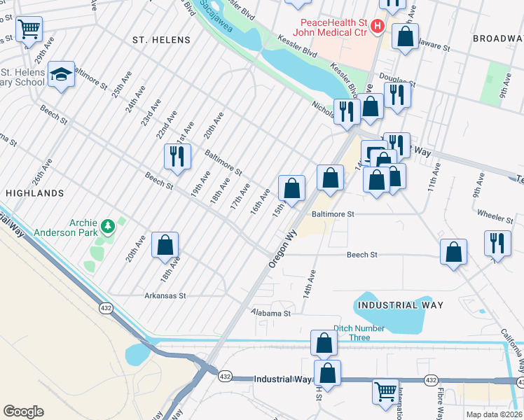 map of restaurants, bars, coffee shops, grocery stores, and more near 461 16th Avenue in Longview