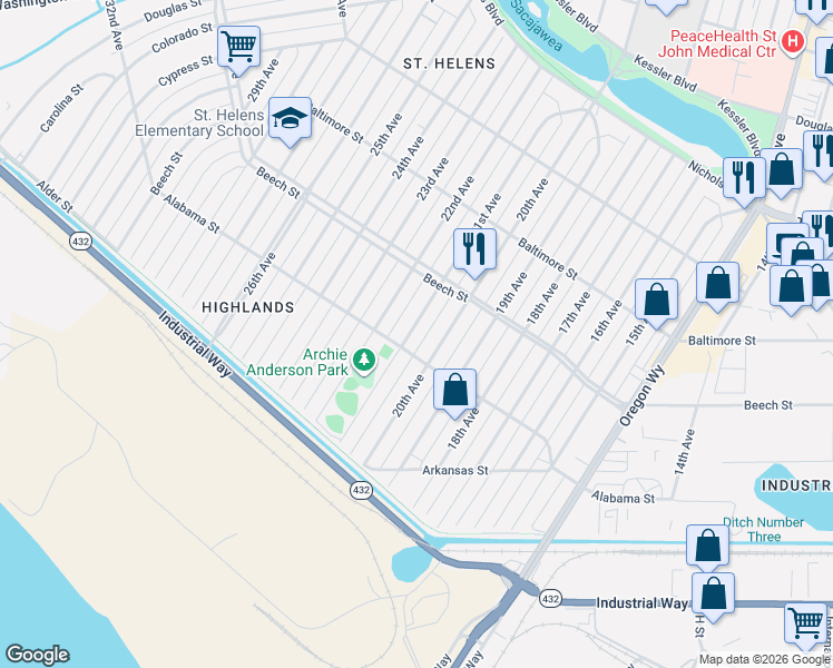 map of restaurants, bars, coffee shops, grocery stores, and more near 325 21st Avenue in Longview