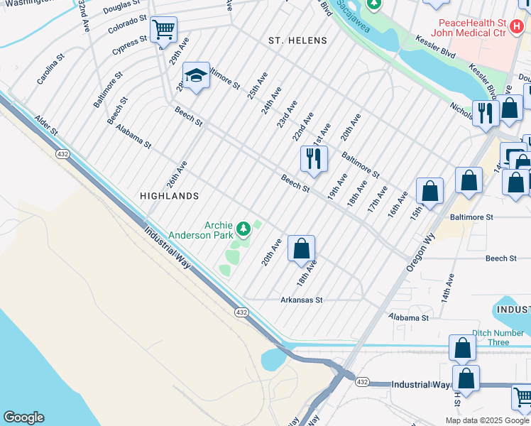 map of restaurants, bars, coffee shops, grocery stores, and more near 325 21st Avenue in Longview