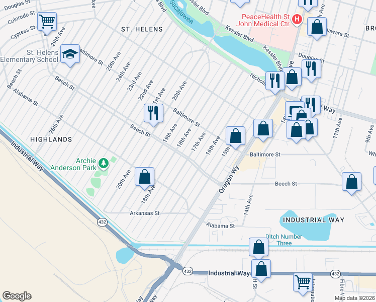 map of restaurants, bars, coffee shops, grocery stores, and more near 421 17th Avenue in Longview