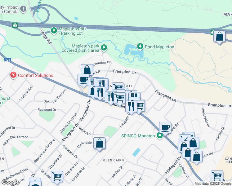 map of restaurants, bars, coffee shops, grocery stores, and more near 33 Hilton Drive in Moncton