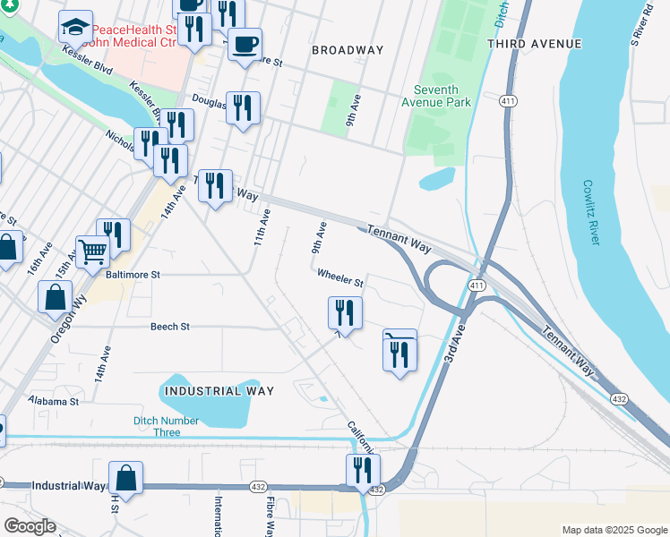 map of restaurants, bars, coffee shops, grocery stores, and more near 615 7th Avenue in Longview