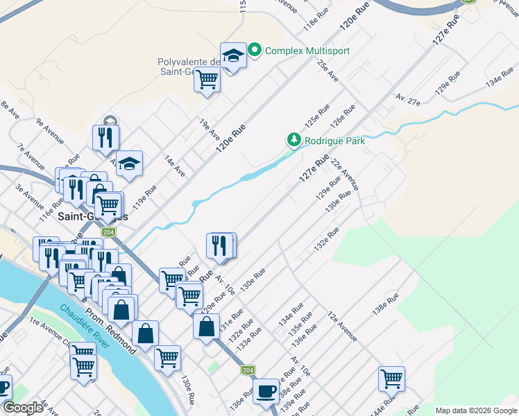 map of restaurants, bars, coffee shops, grocery stores, and more near 1780 126e Rue in Saint-Georges