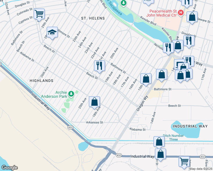 map of restaurants, bars, coffee shops, grocery stores, and more near 365 19th Avenue in Longview