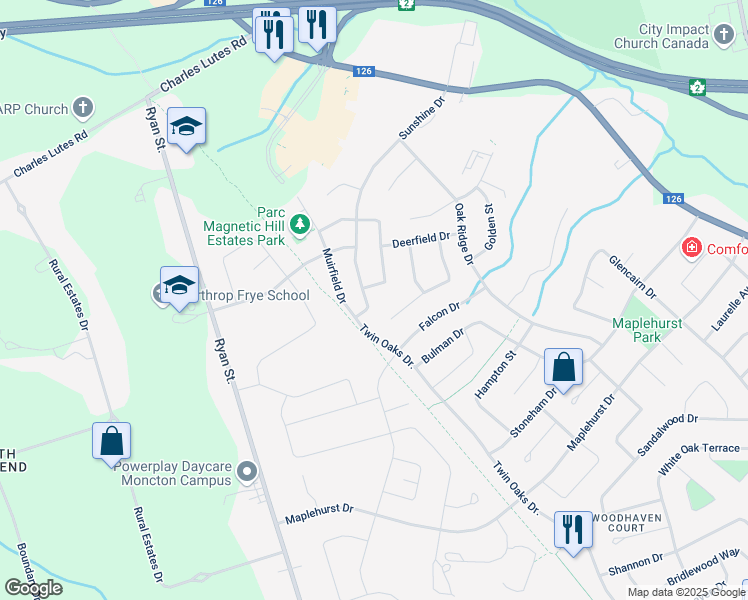 map of restaurants, bars, coffee shops, grocery stores, and more near 232 Sunshine Drive in Moncton