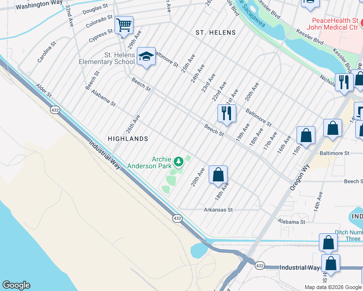 map of restaurants, bars, coffee shops, grocery stores, and more near 303 22nd Avenue in Longview
