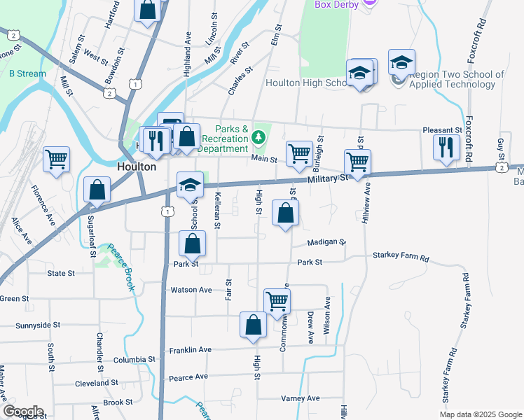 map of restaurants, bars, coffee shops, grocery stores, and more near 11 High Street in Houlton