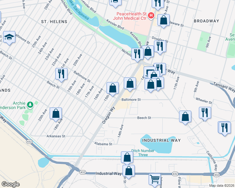 map of restaurants, bars, coffee shops, grocery stores, and more near 511 Oregon Way in Longview