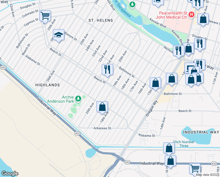 map of restaurants, bars, coffee shops, grocery stores, and more near 365 19th Ave in Longview