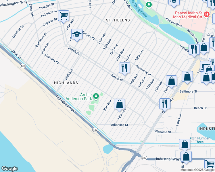 map of restaurants, bars, coffee shops, grocery stores, and more near 325 21st Avenue in Longview
