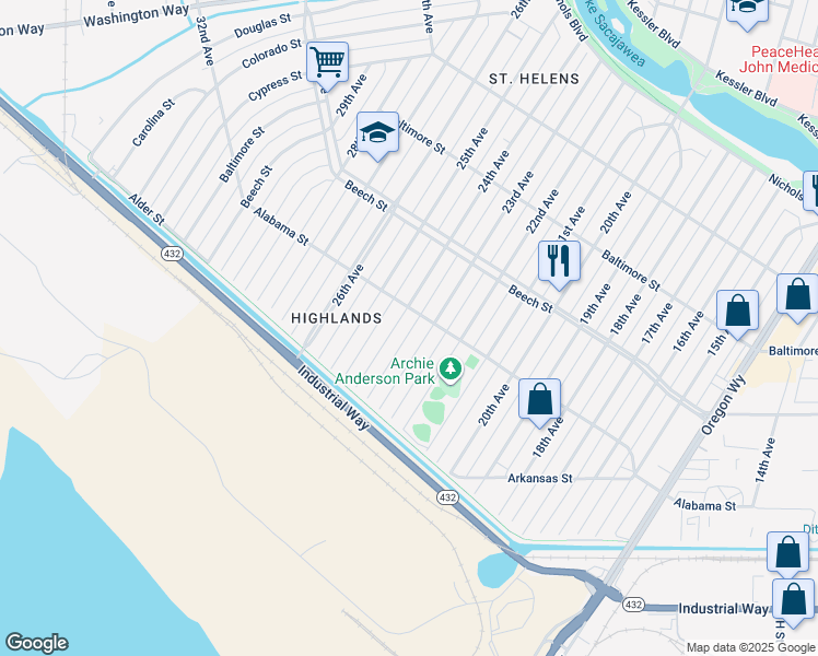 map of restaurants, bars, coffee shops, grocery stores, and more near 284 24th Avenue in Longview