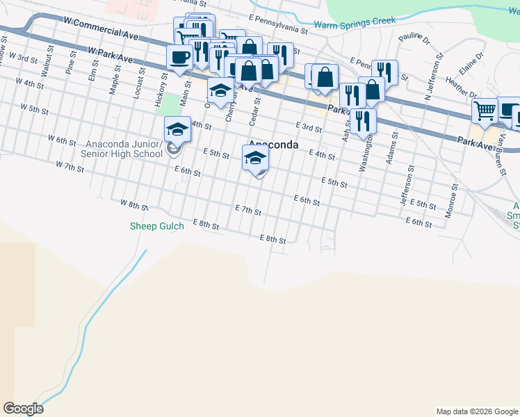 map of restaurants, bars, coffee shops, grocery stores, and more near 621 Chestnut Street in Anaconda