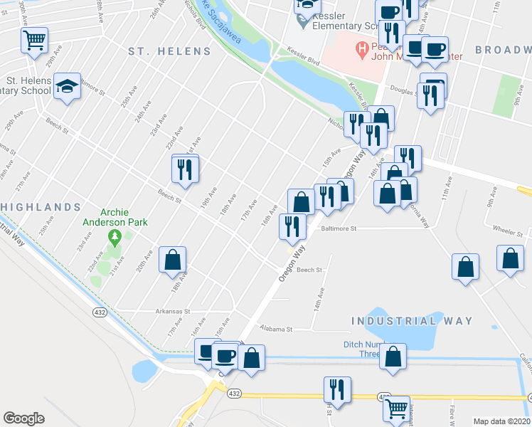 map of restaurants, bars, coffee shops, grocery stores, and more near 461 16th Avenue in Longview