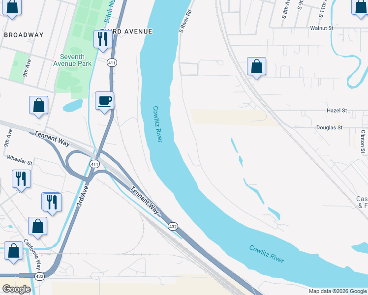 map of restaurants, bars, coffee shops, grocery stores, and more near 1801-2299 S River Rd in Kelso