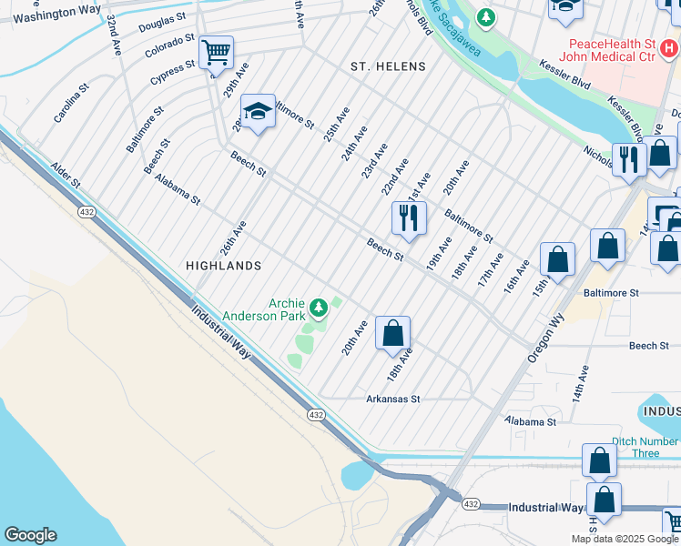 map of restaurants, bars, coffee shops, grocery stores, and more near 320 22nd Avenue in Longview