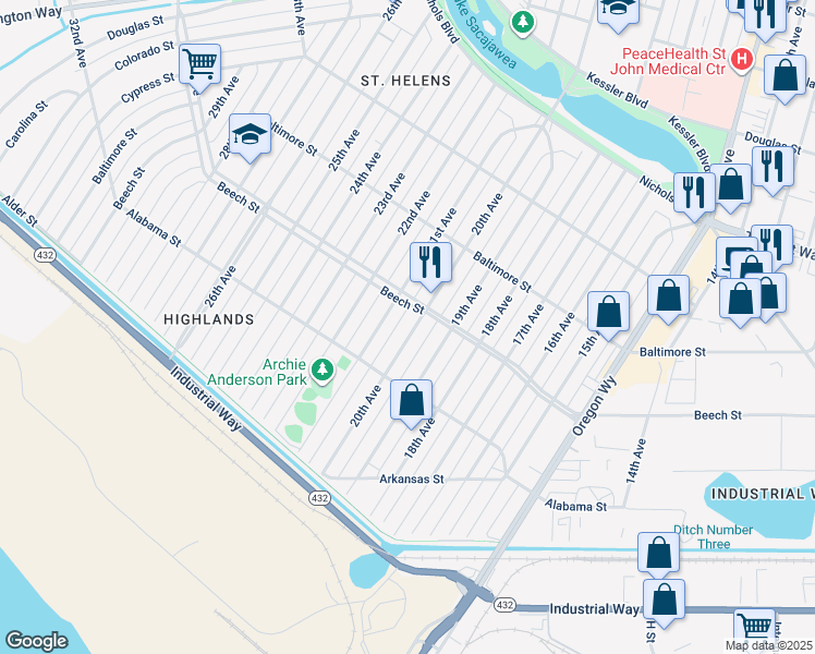 map of restaurants, bars, coffee shops, grocery stores, and more near 353 20th Avenue in Longview