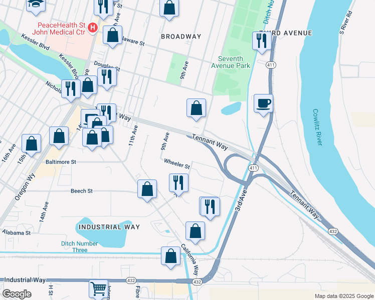 map of restaurants, bars, coffee shops, grocery stores, and more near 615 7th Avenue in Longview