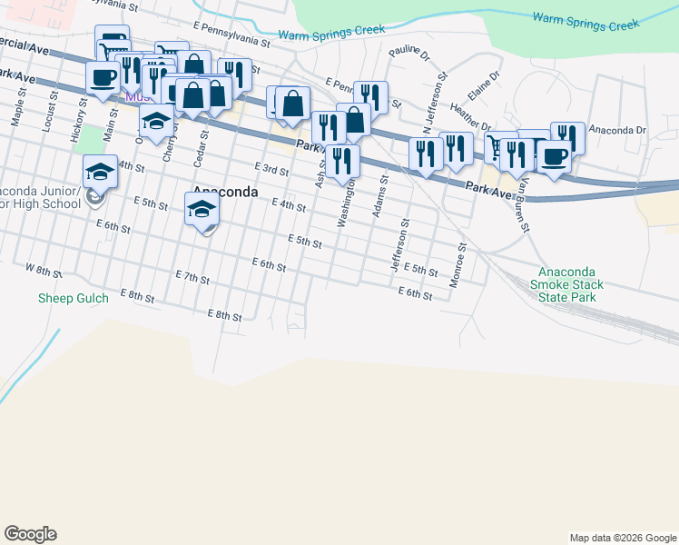 map of restaurants, bars, coffee shops, grocery stores, and more near 904 East 6th Street in Anaconda