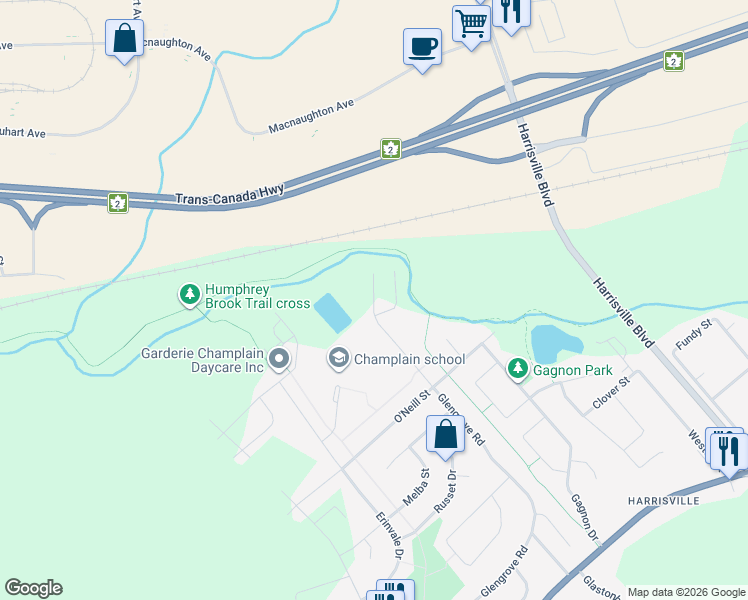 map of restaurants, bars, coffee shops, grocery stores, and more near Durelle Street in Moncton