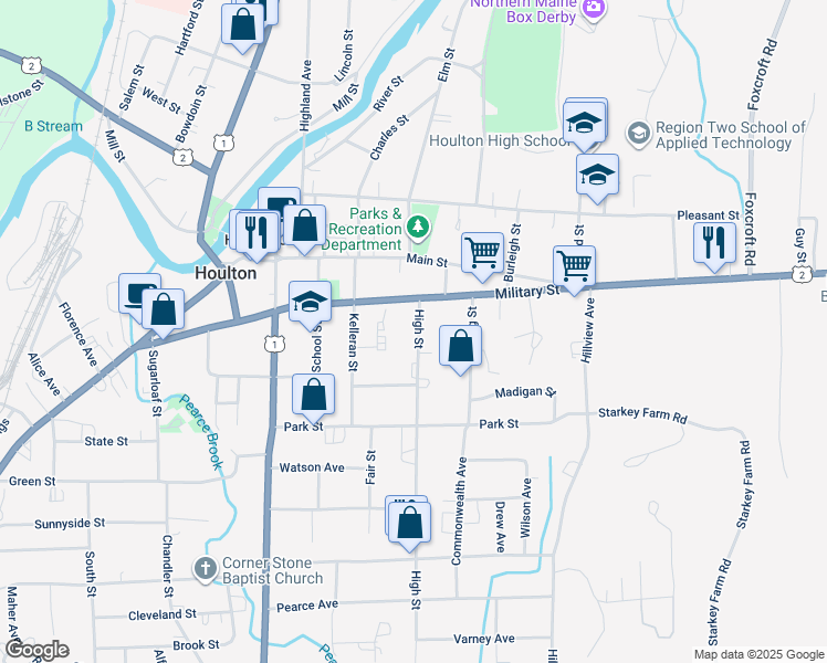 map of restaurants, bars, coffee shops, grocery stores, and more near 11 High Street in Houlton