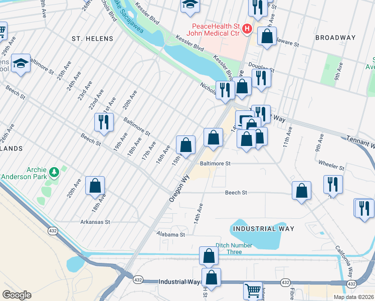map of restaurants, bars, coffee shops, grocery stores, and more near 511 Oregon Way in Longview
