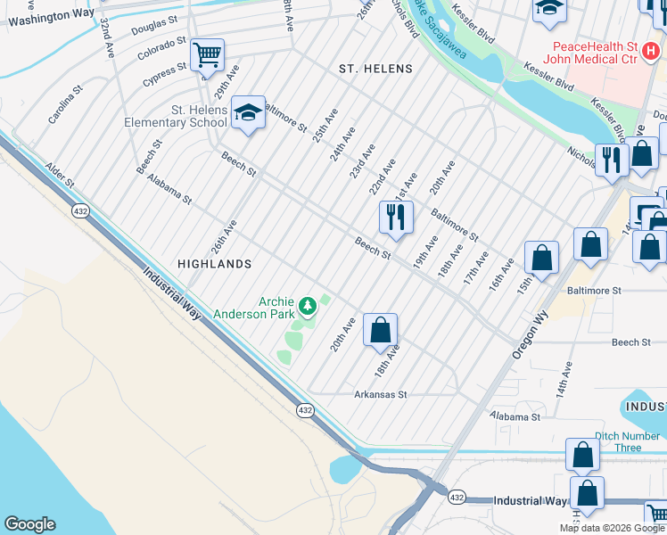 map of restaurants, bars, coffee shops, grocery stores, and more near 325 21st Avenue in Longview