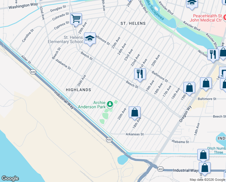 map of restaurants, bars, coffee shops, grocery stores, and more near 303 22nd Avenue in Longview