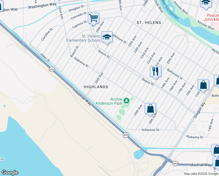 map of restaurants, bars, coffee shops, grocery stores, and more near 271 24th Avenue in Longview