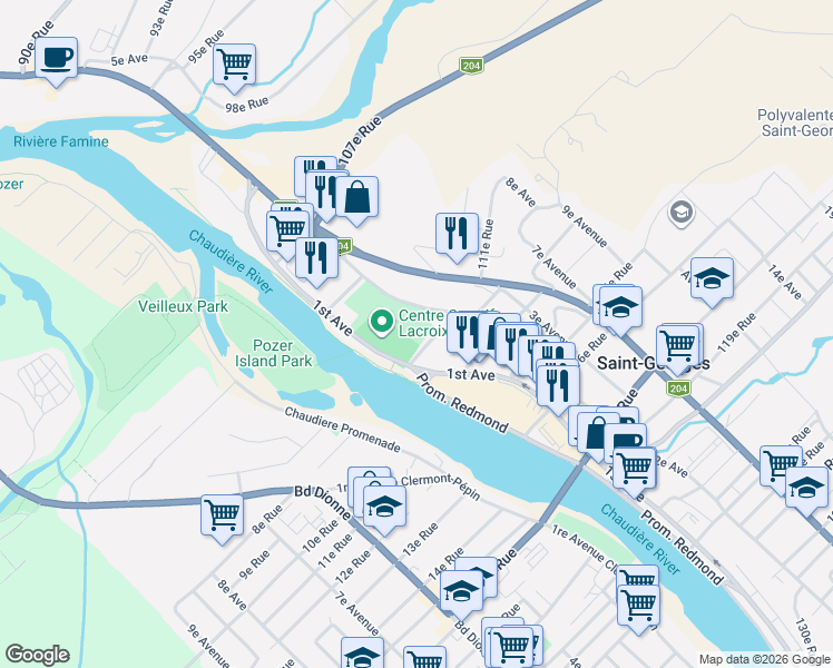 map of restaurants, bars, coffee shops, grocery stores, and more near 115 112e Rue in Saint-Georges