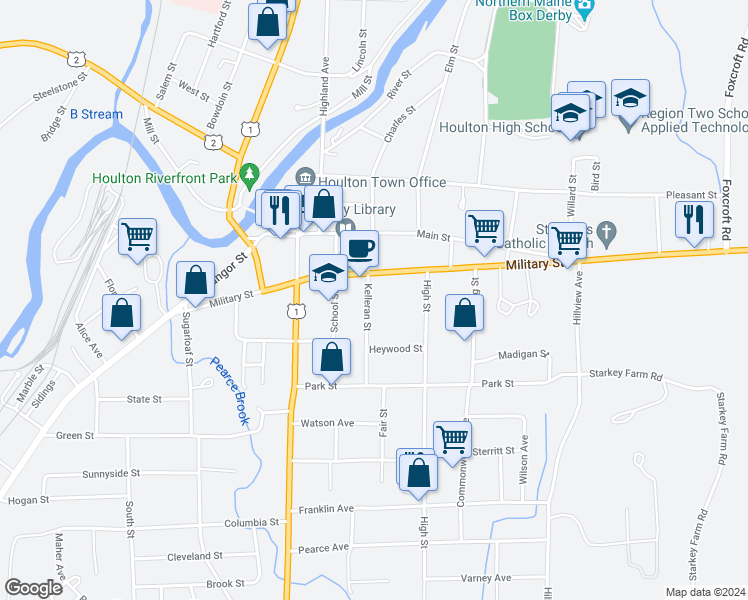map of restaurants, bars, coffee shops, grocery stores, and more near 8 Kelleran Street in Houlton