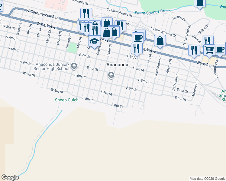 map of restaurants, bars, coffee shops, grocery stores, and more near 621 Chestnut Street in Anaconda
