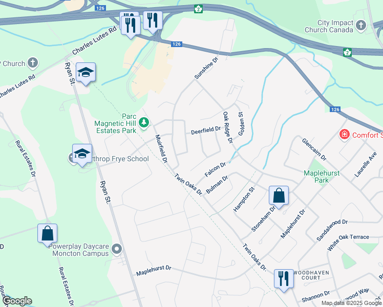 map of restaurants, bars, coffee shops, grocery stores, and more near 25 Algonquin Crescent in Moncton
