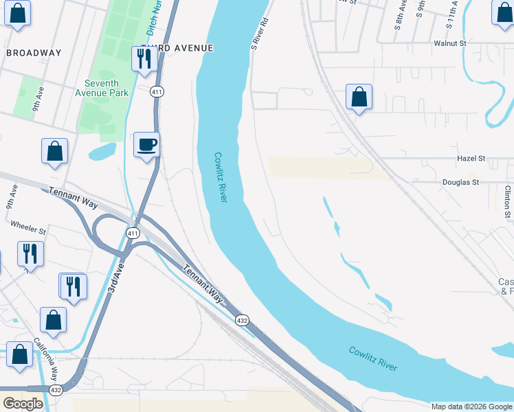 map of restaurants, bars, coffee shops, grocery stores, and more near 1801-2299 S River Rd in Kelso