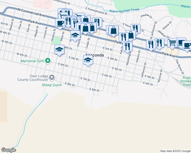 map of restaurants, bars, coffee shops, grocery stores, and more near 615 Birch Street in Anaconda